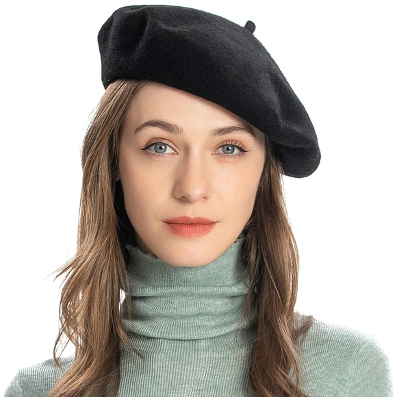 Black Wool French Beret Hat Solid Color Beret Cap for Women Girls - Picture 3 of 3